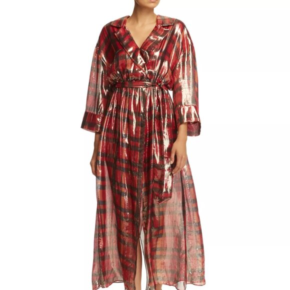 Alice + Olivia Dresses & Skirts - Alice + Olivia Red Metallic Plaid Faux-Wrap Maxi Dress Silk Blend Size 4 Holiday
